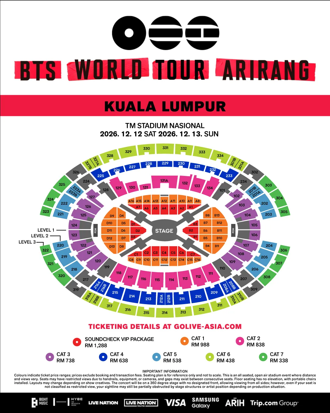 BTS World Tour Arirang Kuala Lumpur seat map with ticket categories and pricing at Stadium Nasional Malaysia
