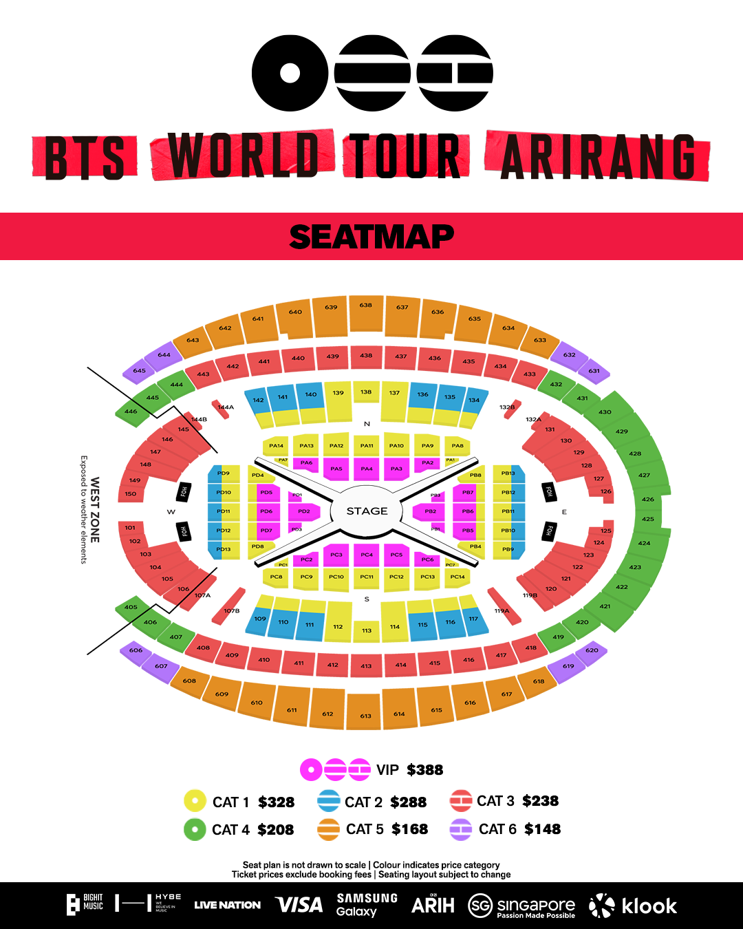 BTS World Tour ARRANG Singapore concert seat map with VIP and CAT seating categories