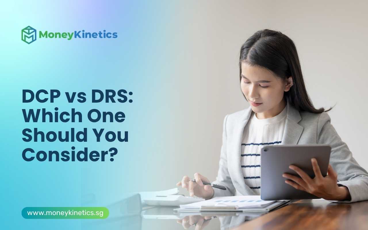 Woman reviewing financial information on a tablet comparing DCP and DRS options in Singapore