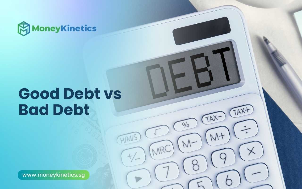Calculator displaying the word debt to illustrate good debt and bad debt concepts