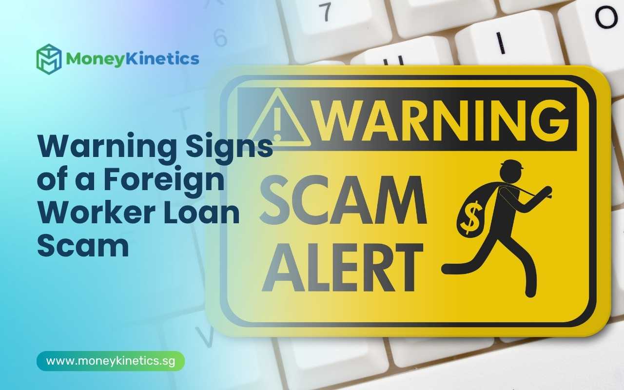 Warning sign highlighting common foreign worker loan scam risks in Singapore