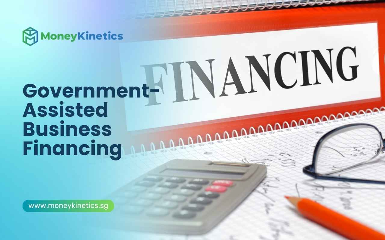 Calculator and financial documents representing government-assisted business financing in Singapore.
