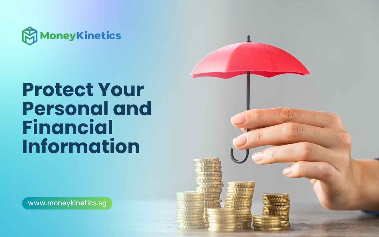 Hand holding a red umbrella over stacked coins to represent financial and personal information protection.