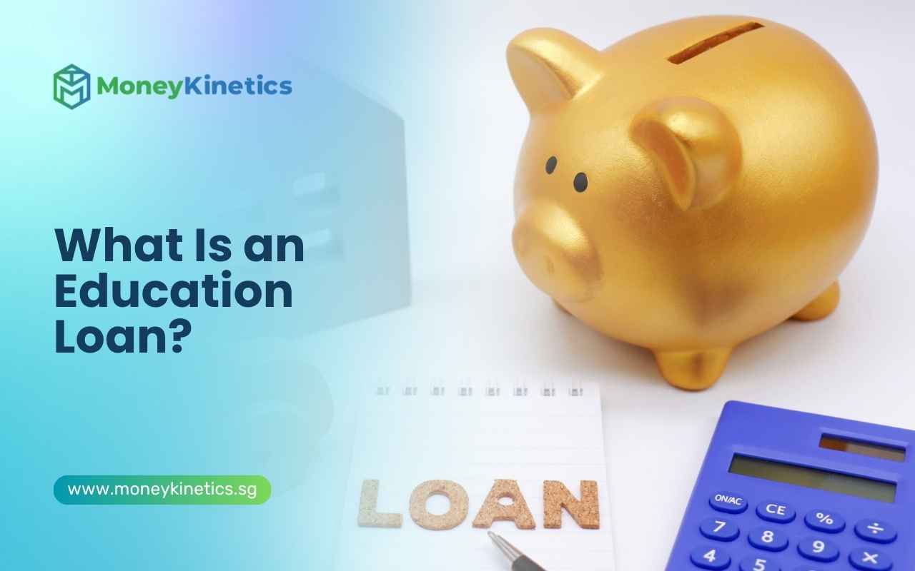 Piggy bank, calculator and loan document representing an education loan.